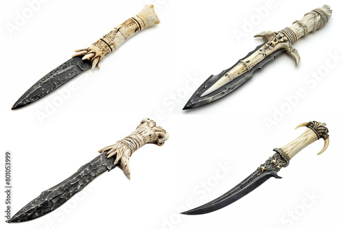 Savage and brutal tribal dagger with a jagged obsidian blade and intricately carved bone handle isolated on solid white background.