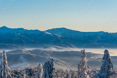 Velky Krivan and Maly Krivan from Velka Raca hill in Kysucke Beskydy mountains during beautiful winter day