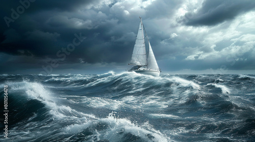 A lone white sailboat is being tossed by large ocean waves during a storm.