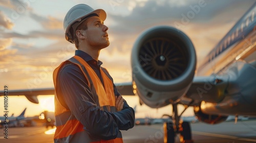 Engineer in Safety Vest Standing Next to Airplane