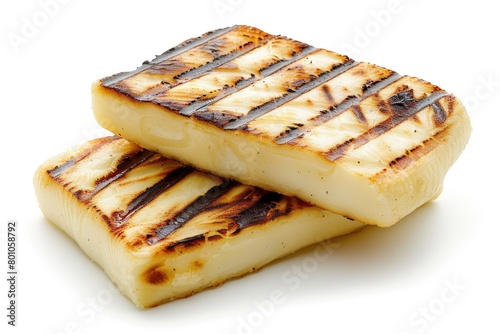 Grilled Greek Halloumi Cheese Slices with Distinct Grill Marks on White Background 