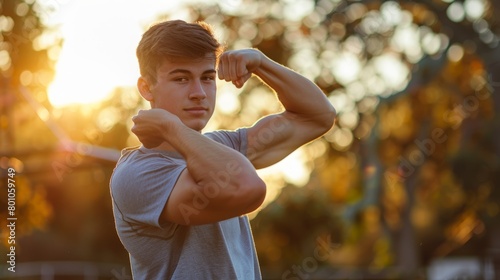 Young American man flexes his muscles proudly with the sun shining in the background