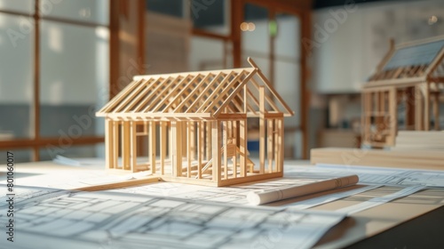A model of a wooden frame house in the early stages of construction sits atop a table