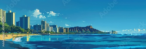 Beautiful Skyline with Blue Ocean Front Background and Diamond Head Crater