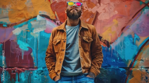 Adult man with beard dressed in faded leather jacket and jeans, hipster guy in multicolored glasses standing outdoor on city street, bold abstract background, AI generated