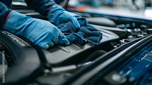 Car mechanic in blue gloves cleaning automobile engine with rag