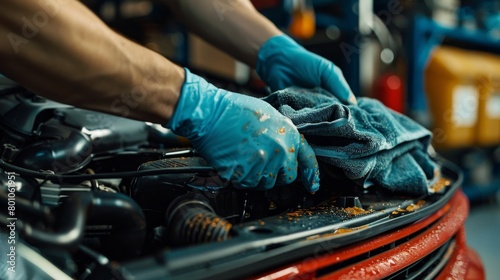 A mechanic wearing blue gloves is cleaning the engine of a car with a rag.