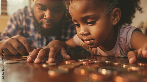Kids learning finances, safe and invest money, financial education and awareness concept, father and daughter counting coins, AI generated image
