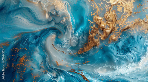 An opulent abstract ocean vista, where the coolness of icy blue swirls contrasts with the warmth of bronze powder, capturing the splendid isolation of the sea.
