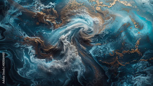 An opulent abstract ocean vista, where the coolness of icy blue swirls contrasts with the warmth of bronze powder, capturing the splendid isolation of the sea.