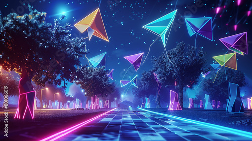 Digital kites flying in a neon sky above a low poly park, representing the freedom and joy of uninhibited communication