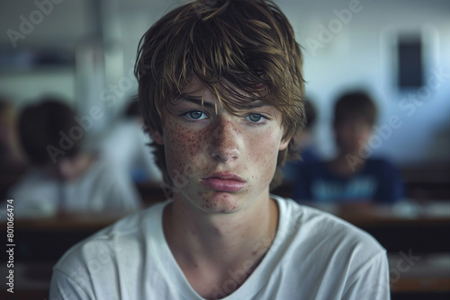 Portrait of young boy with scar or acne on face skin generative AI