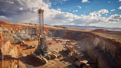 A towering drill rig dominates the industrial landscape surrounded by an array of machinery engaged in a vast openpit mining operation 