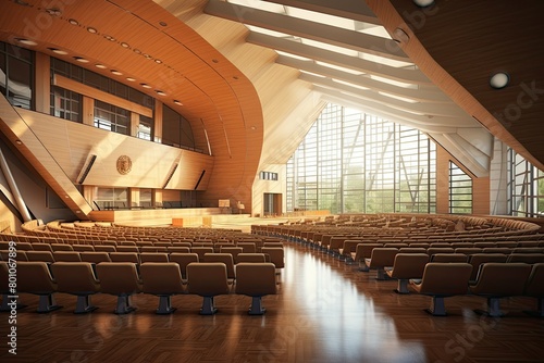 A large auditorium with rows of seats set up for an event. The space is vast and designed for hosting conferences or performances. Generative AI