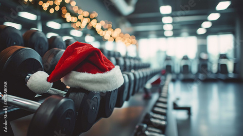  Santa's hat rests on dumbbells, balance between relaxation and fitness goals during the holidays.
