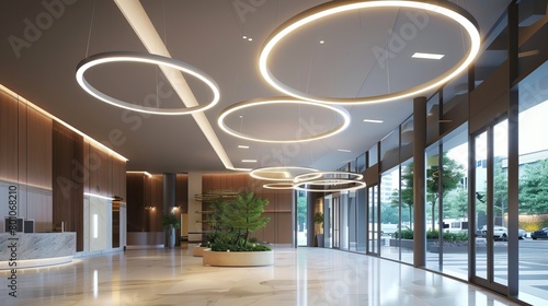  Imagine a modern circular LED lighting chandelier suspended from the ceiling of a sleek and contemporary commercial building. Its clean lines 