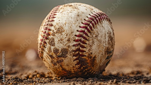 Close up of a used baseball laying in the dirt.
