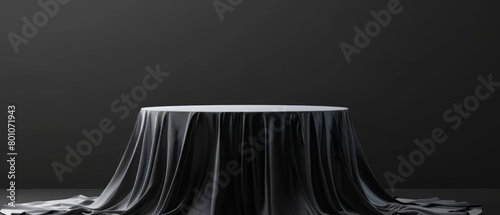 Cylinder podium covered with black cloth on black background. Premium empty fabric pedestal for product display marketing. Generative ai