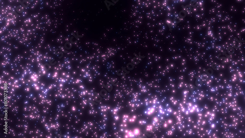 Abstract ultraviolet galaxy hi-tech background 8k 16:9 with shining stardust texture and copy space. Glowing white soft pink lilac lavender purple particles explosion, chaotic scattered dots on black