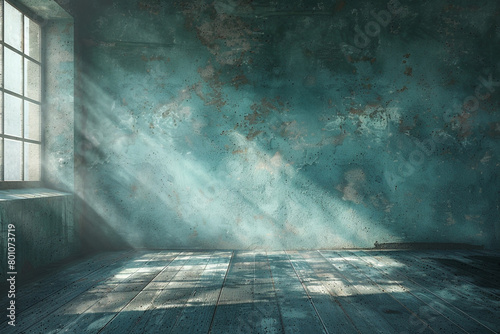 Warmth and vintage elegance radiate from a faded cyan grunge room under subtle sun rays.