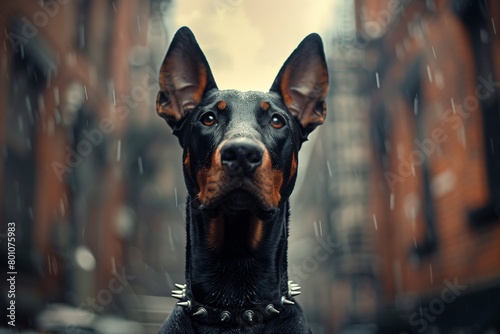 Portrait of doberman dog with studded collar, looking at camera, in new york city street, rainy day