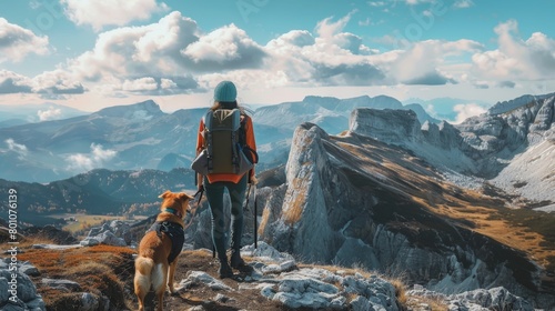 girl and dog standing on a mountain top looking at the view