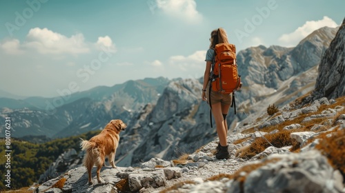 girl hiking with her golden retriever dog in the mountains