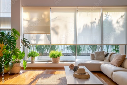 A spacious living room filled with furniture and plants, illuminated by warm sunlight through roller blinds