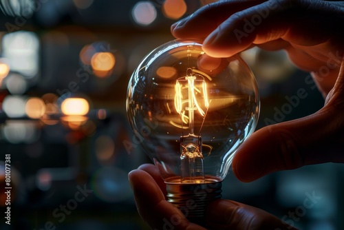 A close-up shot of a persons hand holding a light bulb, adjusting the filament inside to fine-tune it for optimal brightness