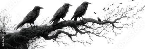  A illustration of a murder of crows standing on, Raven Standing On the Green Grass With Green Nature Background 