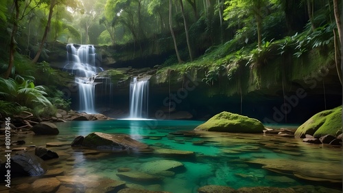 A hidden gem nestled deep within the forest, a waterfall cascades down rugged cliffs into a secluded emerald pool. The serenity of the scene is interrupted only by the soothing sound of flowing water.