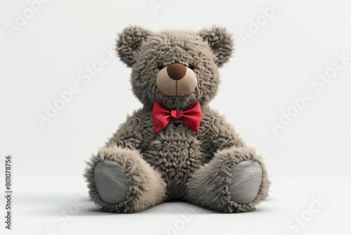 A 3D render of a cute stuffed bear with a bright red bow tie and soft, fuzzy texture, Sharpen isolated on white background