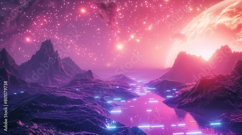 A 3D render of a scifi landscape, with smooth, metallic surfaces and glowing neon strips under the panoramic view of a distant galaxy, Sharpen Landscape background