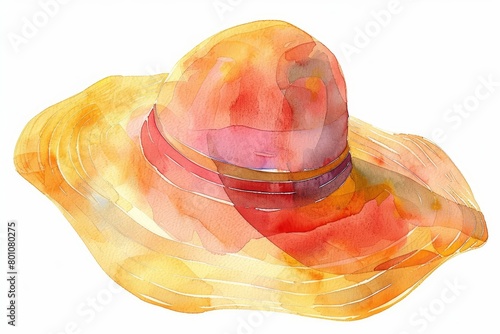 A cute watercolor painting of a floppy sun hat, simple and kawaii, isolated on white background