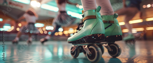 Close up of roller skates and legs of young woman on roller skates in skatepark.