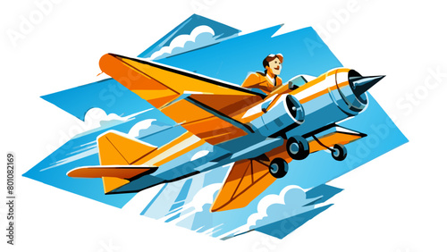 Adventurous Female Pilot Flying Vintage Propeller Airplane in Sky