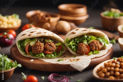 'pita bread filled falafel salad isolated white deep fried tomatoes cucumber lettuce onion vegetarian traditional middle eastern arabic dish meal arabian ball chickpea fava bean street'