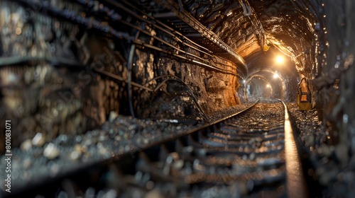 An illuminated mining tunnel with tracks