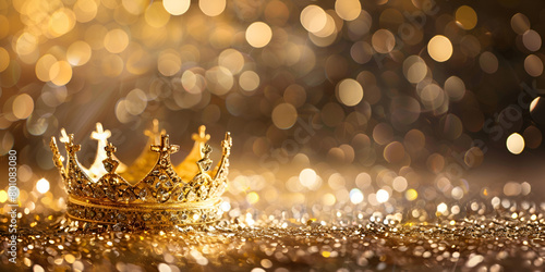 Shiny Golden Queen Crown Adorned Luxury Abstract Background with Glitter Lights and Bokeh