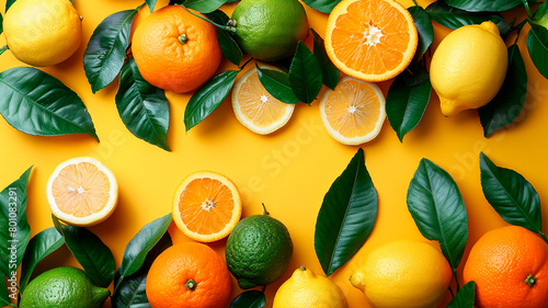 vibrante composición de limones maduros y jugosos, naranjas y hojas verdes dispuestas sobre un fondo amarillo brillante. 