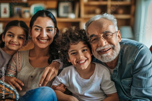 Three generation happy multiethnic family group at home, Generative AI