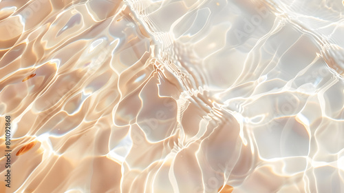 Abstract summer banner background Transparent beige clear water surface texture with ripples and splashes. Water waves in sunlight marble background. Generative AI.