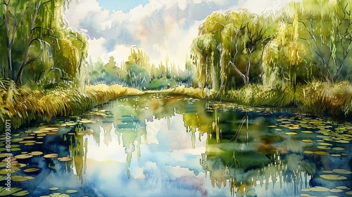 Watercolor painting of a small, serene lake surrounded by weeping willows, reflecting the sky and clouds, embodying tranquility