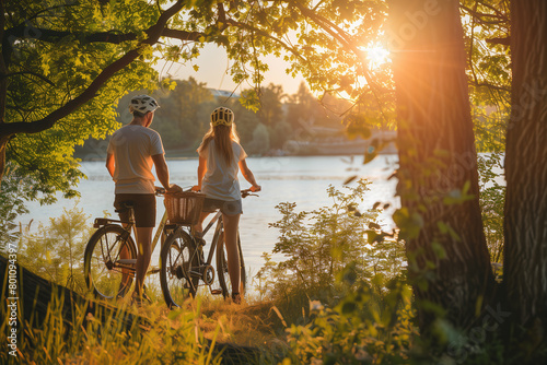 Young couple on a bicycle taking a break at an idyllic lake as the sun sets (A.I.-generated)