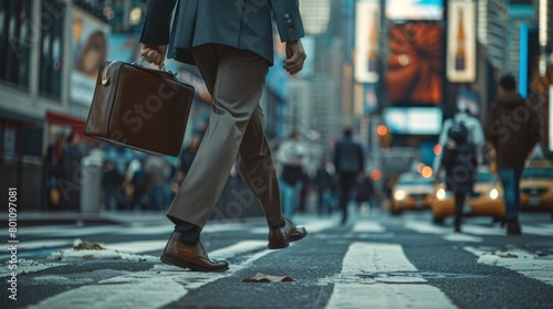 A man in a suit and leather shoes crosses a busy city street carrying a leather briefcase.