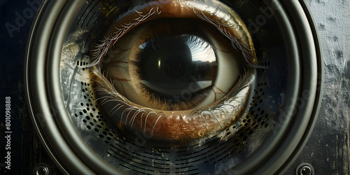Human eye is seen through the peephole , mechanical eye closeup