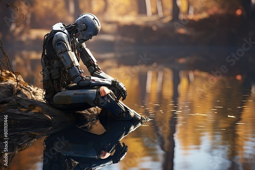 A robotic man is seated on a log next to a body of water. emotion and expression of futuristic robots. Generative AI