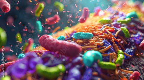 Vibrant conceptual image of gut flora with beneficial bacteria in the human intestine