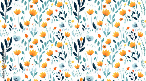 A seamless pattern of hand-drawn flowers and leaves in a whimsical style. The flowers are mostly orange and yellow, with some blue and green leaves. The background is white.