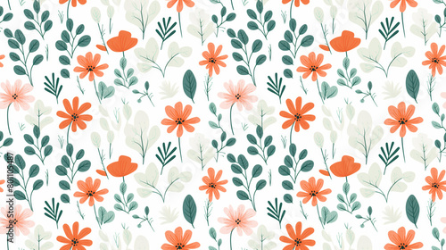 A seamless pattern of hand-drawn flowers and leaves in a whimsical style. The flowers are mostly orange and yellow, with some blue and green leaves. The background is white.